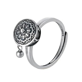 Tiny Bead Ball Dangling Stackable Ring for Women Teen Girls Round Ball Dangle Drop Carved Flowers Open Adjustable Rotation Stress Relief Thin Finger Band Ethnic Faith Amulet Silver Plated Rings