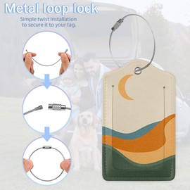 Set of 2 Luggage Tags,Boho Moon Mountains Leather Suitcases Tag Identifiers with Privacy Name Address Labels & Durable Steel Loop for Women Men Travel