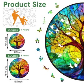 Ruikiyart Colorful Tree of Life Wooden Jigsaw Puzzles for Adults Mosaic Puzzles 500Pcs Unique Irregular Shape Cut Tree Family Puzzles for Kids and Adults on Birthday 16.5”x16.5”