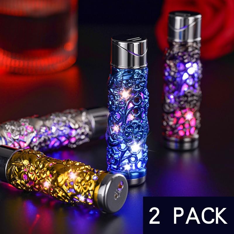 2PACK Blue and Silver Flowers Windproof Butane Jet Torch Lighter,Funny