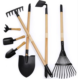7 herramientas de jardinería para niños, pala larga, rastrillo para hojas, pala, azada, cabezas de acero y mango de madera real, herramientas de patio para niños pequeños regalos