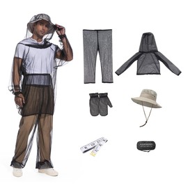 6-Piece Mosquito Suit-Jacket With Hood/Pants/Mitts/Gift Bag/Sun Hat/Tape Measure-Full Body Protection from Insects Bugs-Lightweight Breathable Mesh Clothing for Men Women-Ideal for Outdoor Activities,