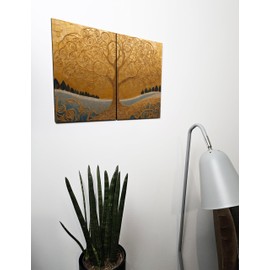 The Plum Penguin Golden Tree MDF Wall Art, 2 Piece A4, Klimt Inspired Ornate Design on Wood Canvas Alternative 40 x 30cm