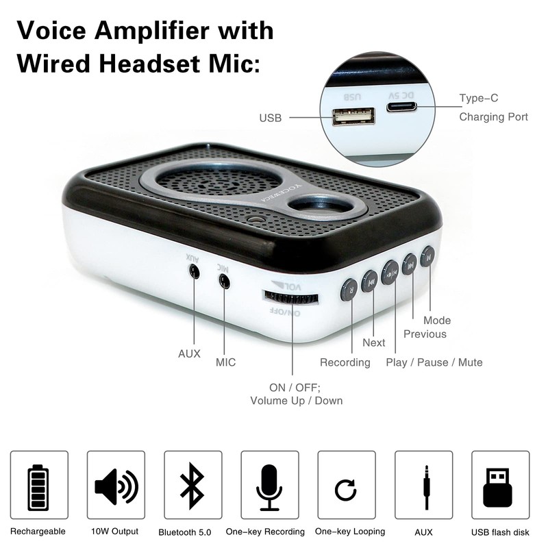 Voice Amplifier with Wired Headset Microphone - Supports Mute/Bluetooth 5.0
