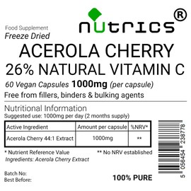 Nutrics® 1000mg ACEROLA Cherry Extract 2 Months Supply 60 Vegan Capsules Natural Vitamin C 100% Pure Freeze Dried Standardised 26% 44:1 Extract Ratio Strong Safe & Effective