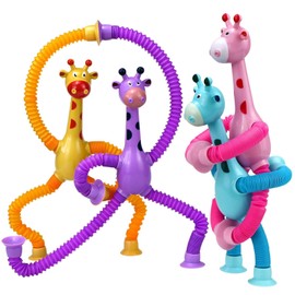4 Pcs Telescopic Suction Cup Toy - Giraffe Toy & Fidget Tubes, Telescopic Tube Fidget Toys for Toddlers, Animal pop Tubes, Toddler Travel Toys, Pop Tubes, Fidget Tubes Sensory Toys for Girls Boys