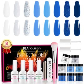 Arousar Dip Powder Nail Set Starter, 8 Colors White Blue Dipping Powder System Liquid Set, Nail Tools for French Nail Art Manicure Salon DIY at Home, Color 22