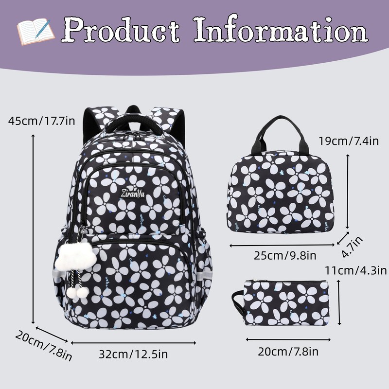 Bansusu 3Pcs Kids Backpack for Girls School Bag with Lunch