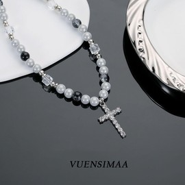 VUENISIMAA Cross Pearl Necklace for Men Stainless Steel Necklace 10mm Double Layered Cuban Link Fashion Jewelry Baptism Gifts for Him, Pearl, No Gemstone