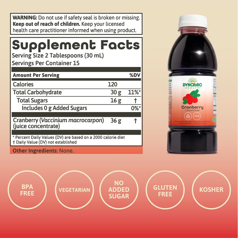 Dynamic Health Pure Cranberry Unsweetened 100% Juice Concentrate, Natural Antioxidant