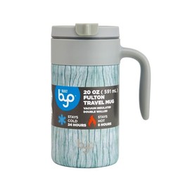 Byo 20 Oz Stainless Steel Insulated Mug - Reusable Drinkware with Handle, Leak-Proof Lid, Wide Mouth Opening, Thermal Commuter Cup for Hot or Cold Drinks, Great for Gym, School, Office (White Wood)