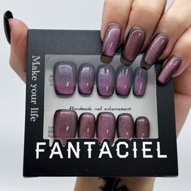 FANTACIEL 10 PCS Handemade Press On Nails Cat Eye Design Acrylic Nails Reusable Square Fake Nails 519 Square M