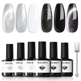 modelones Gel Nail Polish Set, 6 Colors Cat Eye Black White Gray Silver Glitter Shimmer Gel Polish Kit with Magnet Sparkle Galaxy Series Soak Off Nail Art Manicure Home Gift for Women Girl