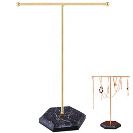 BOBOZHONG Jewellery Organiser Stand - Metal T-Bar Necklace Display Stand with Marble Pattern Tray, Gold & Black Jewelry Holder for Necklaces, Bracelets, Earrings, Rings - Hanging Organizer,Gold+Black