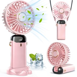 Ventilador de Mano Portátil, Ventilador Portátil Recargable por USB de 5000mAh, Mini Ventilador de Escritorio de 5 Velocidades con Cordón y Base, Ventilador de Mano Personal para Hogar, Oficina (Rosa)