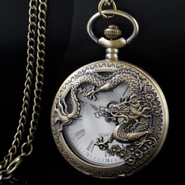 Alwesam Vintage Pocket Watch Bronze Dragon Design Roman Numerals Quartz Pocket Watches with Chain Christmas Graduation Birthday Gifts Fathers Day