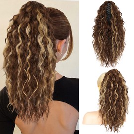 RONTAYA Ponytail Extension, 18 Inch Highlights Claw Clip Ponytail Extensions for Women, Multi Layered Fluffy Thick Curly Wavy Jaw Clip in Fake Pony Tails Fake Hair Soft Wave Synthetic Hairpiece