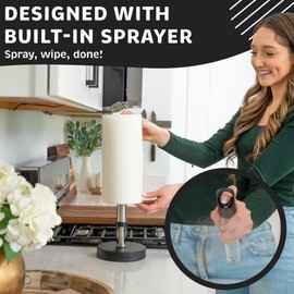 Stainless Steel Paper Towel Holder with Spray Pump – One-Handed Tear, Smart Traction System, 5 oz Sprayer Bottle, Heavy Duty Suction Cups, Weighted Base, Kitchen Towel Dispenser for Countertop Use