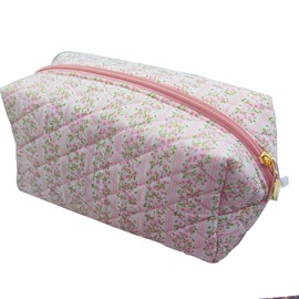 Makeup Bag Tulips Floral Quilted Cosmetic Bag Puffy Cosmetic Pouch Cute Coquette Toiletry Bag for Women Girls Travel Make Up Bag (Pink-Floral)