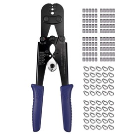 Proster Wire Rope Crimping Tool - Hand Swagging Crimper and Cutter from 1/16 to 1/8 inch, 100pcs 1/8inch Aluminum Crimping Loop Sleeves, 50pcs M3 Stainless Steel Wire Rope Cable Thimble Riggings