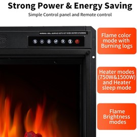 R.W.FLAME Electric Fireplace Insert,Recessed 23''Electric Fireplace Heater with Infrared Quartz&Remote Control,Adjustable Led Flame Brightness 750W/1500W Black (23''X18'')