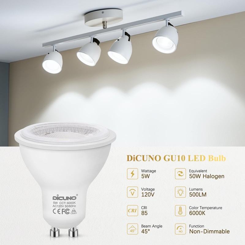 DiCUNO GU10 LED Bulbs 5W Daylight White, 6000K, 500lm, 45
