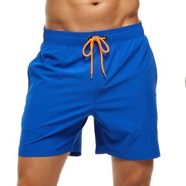 FEOYA Men Mesh Ling Board Shorts Swimwear Suit with Zipper Pockets Stretch Elastic Waist Volley Swim Short-Blue/US L