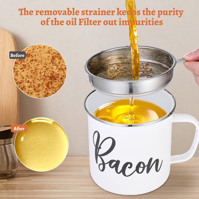 Bacon Grease Saver with Strainer - 15oz Enamel Grease Container,