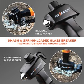 Stinger Super Duty Car Emergency Escape Tool - Hardened Carbon Steel Safety Hammer, Spring-Loaded Window Breaker, Razor-Sharp Seat Belt Cutter, Life-Saving Rescue Tool (Orange and Black)