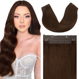 Anrosa Fish Line Hair Extensions Real Human Hair 20Inch Invisible Wire Brown Hair Extensions Straight Transparent Headband Adjustable Clips Human Hair For Head Chocolate Brown Color #4 110G