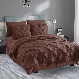 Valerian 8-Piece Pinch Pleated Comforter Set, Bed-in-a-Bag Silky Soft Set Includes Sheet Set with Storage Pockets, 8PC Pinch Pleated Comforter F/Q, Brown