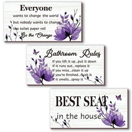DONFENTHY 3-Piece Bathroom Decor - Purple Flower Bathroom Rules Signs - Rustic Farmhouse Wooden Signs for Toilet Wall Decor (10x5 Inch)