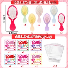 Class Valentines Day Gifts for Kids Girls, 12 Pcs Mini Hair Brushes and 12pcs Girls Valentines Cards Valentines Hair Accessories Classroom Valentines for Girls