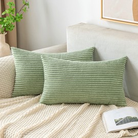 EMEMA Cushion Covers Corduroy Oblong Throw Pillow Covers Striped Soft Sham Home for Sofa Couch Bedroom Decorative Pillowcases 12x20 Inch 30x50cm Set of 2 Bean-green