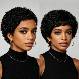 2 Pcs Glueless Pixie Cut Wig, Short Black Wig with Bangs