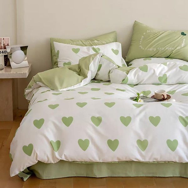 Michorinee Bed Linen 140 x 200 cm White Green Hearts