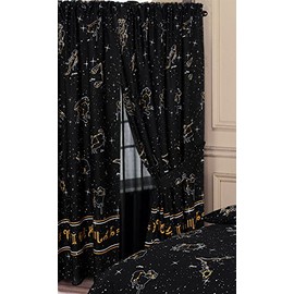 My Home 66" x 72" Celestial Curtains With Tie Backs, Horoscopes Constellations Night Sky Stars Zodiac Signs, Black White Yellow