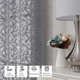 Chyhomenyc Sheer Grey Curtains 45 Inch Length 2 Panels, Airy Jacquard Textured Kitchen Bedroom Livng Room Curtain Small Window, Farmhouse Leaves Voile Drapes, 42W x 45L, Set of 2, Grey