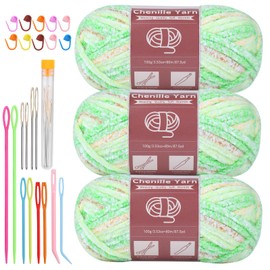 LUNARM 3 * 100g Chenille Yarn, Yarn for Crocheting Knitting with Big Eye Needles, Handcrafts Weaving Soft Chenille Yarn for Blankets, Clothes, Pattern Knitting Creations (Fluorescent Green Gradient)