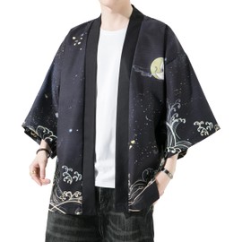 PRIJOUHE Kimono For Men Japanese Style Kimono Robe Jacket Lightweight Open Front Cardigan Seven Sleeve Yukata Coat