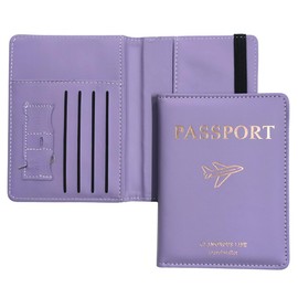 SamHeng Airplane Passport Holder, Universal Passport Cover with Card Slot & Elastic Strap for Women Men, PU Leather Travel Wallet Organiser for Passport Tickets Credit Cards Boarding Passes (Purple)