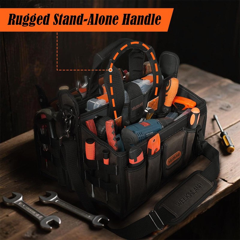 WELKINLAND 20-Pocket Electrician Tool Tote,16"Double Open-Top Tool Tote Bag