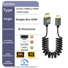GELRHONR 8K Mini HDMI to HDMI Spiral Cable, Ultra Thin Mini HDMI Cable 2.1 Version High Speed 48 Gbps, Support 8K @ 60Hz 3D, for DSLR Camera Camcorder, HDTV, Laptop (Straight)
