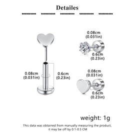 MODRSA Silver Cartilage Earring for Women Flat Back Hypoallergenic Earrings Threadless Helix Earring Tragus Studs 6mm Silver Cartilage Jewelry Flatback Surgical Steel Heart Earrings for Women