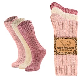 Women's Wool Socks 3-Pack - Thermal Warm Winter Socks - Soft Cozy Wool Blend, Thick Winter Boot Socks, Outdoor Hiking, Gift Set (UK, Numeric, 3, 5, Regular, Regular, Natural-Pink-Fushia)