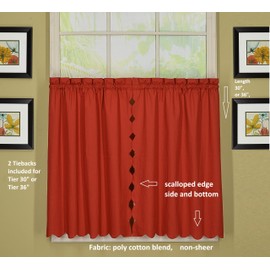Today's Curtain, Orleans Scallop Curtain, Brick Red 30" Tier Pair and Tieback, 60" W x 30" L, Brick Red