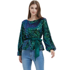 Anna-Kaci Women's Long Sleeve Sequin Crew Neck Fashion Pullovers Sweatshirt, Mermaid, Large