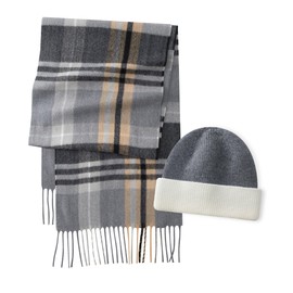 CALVIN & OLIVIA Mens Winter Warm Cuffed Beanie Hats Long Soft Scarf Plaid Tassel Scarf for Men Classic Scarves Gift Set Brilliant Dark Grey Camel White Plaid Set