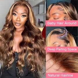 AUABEAUTY 28 Inch Honey Blonde Ombre Lace Front Wig Human Hair 250 Density 13x4 Highlight Lace Front Wigs Human Hair Pre Plucked 4/27 Body Wave HD Lace Frontal Wig Human Hair for Women