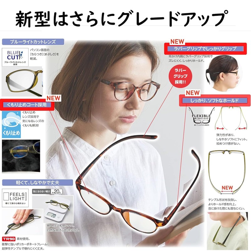 老眼鏡 首かけ ブルーライトカット 曇り止めコート 滑り止めラバー 軽量 形状記憶 おしゃれ スクエア TR90フレーム